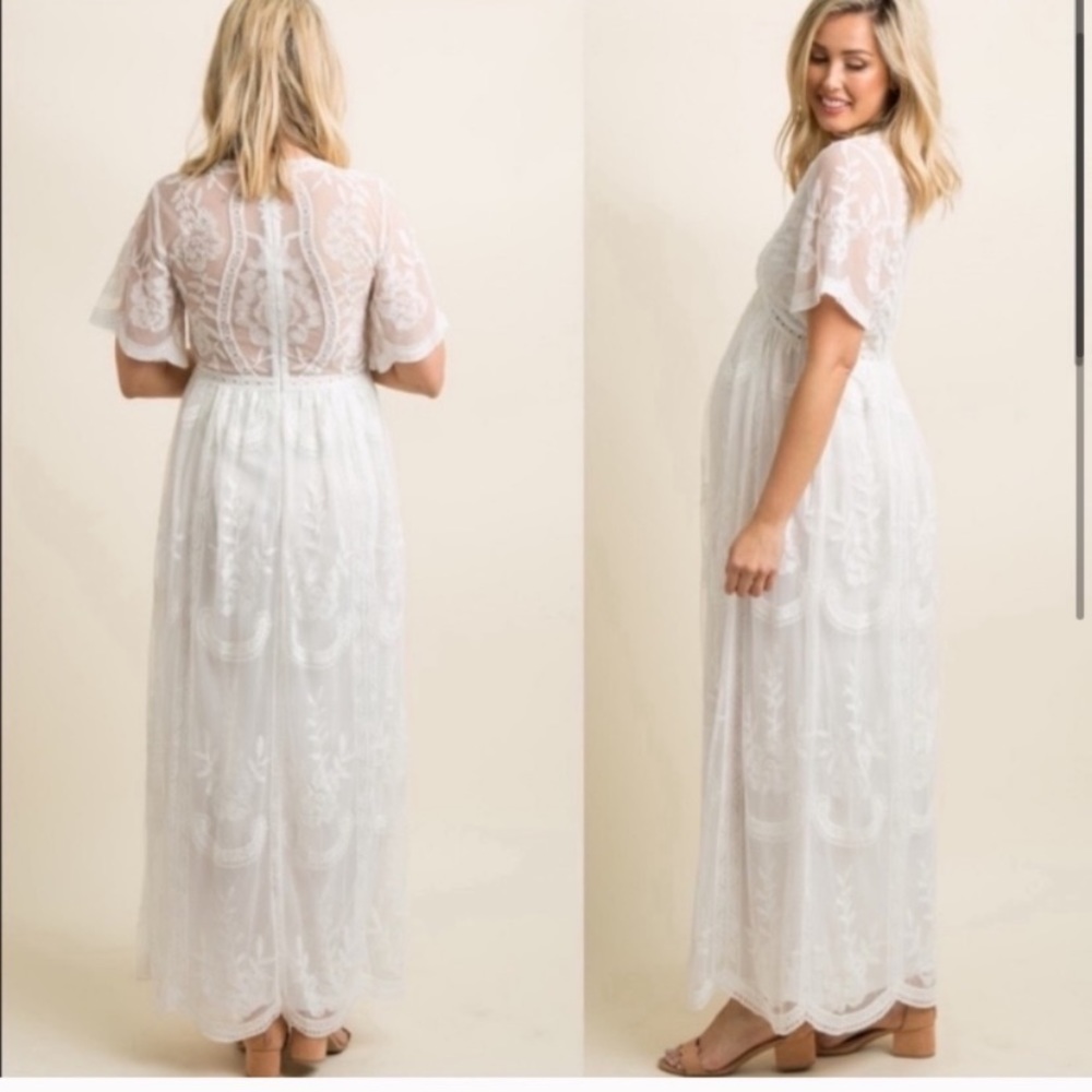 PinkBlush White Lace Mesh Maternity Maxi Dress